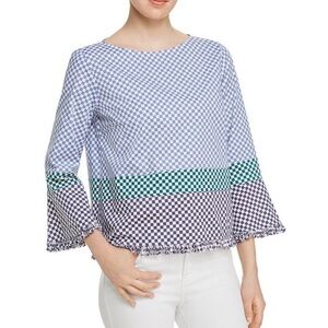 Marella Antibes Fringed Check Print Popover Blouse Size 6 Small